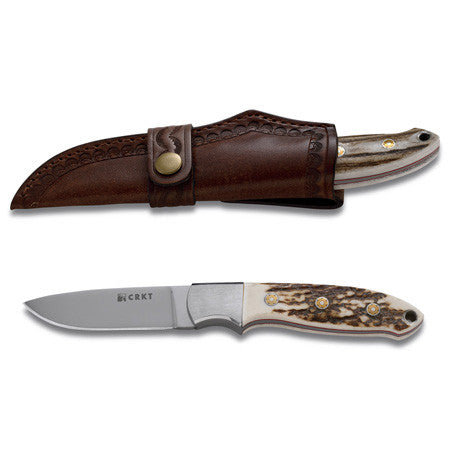 CRKT Kommer Brow Tine Stag Handle Knife Leather Sheath