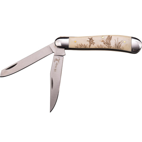 Elk Ridge 4in Trapper Knife Laser Duck Design on Bone Handle