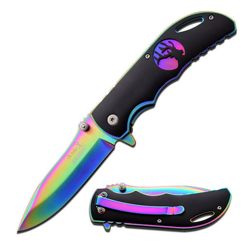 Elk Ridge Spring Assisted Knife 4.5"-Blk Hdl w/Rainbow Liner