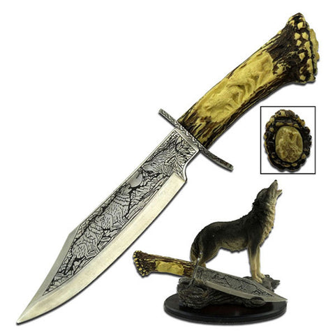 Collectible Knife 5" Blade w/Wolf Resin Stand