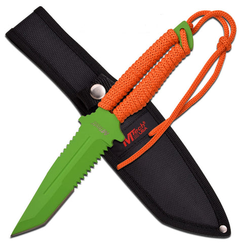 M-Tech 10.5in Green Painted Fixed Blade Knife-Orange Handle