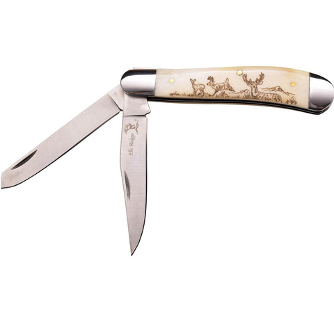 Elk Ridge 4in Trapper Knife Laser Deer Design on Bone Handle